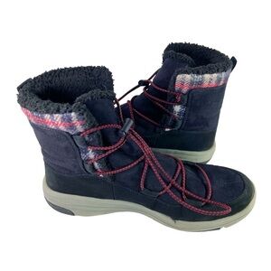 Ryka Alyssa black fuzzy shearling plaid bungee boots women’s 8.5